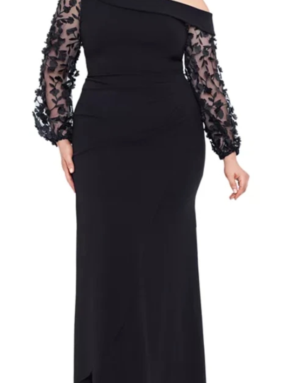 Xscape Off-Shoulder Black Evening Gown with Sheer Embroidered Sleeves Sz 14